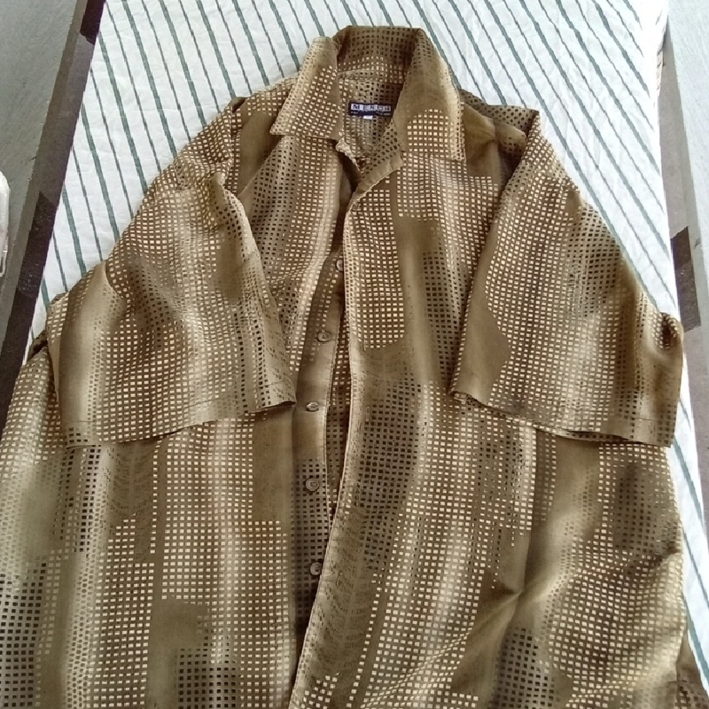 Men's 3X Mench Platinum Gold Green Brown Casual Button Down Shirt
